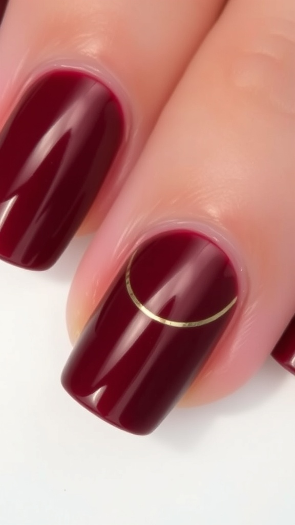 Close-up of burgundy nails with gold half-moon accents