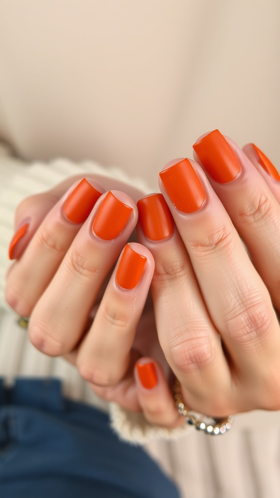 Close-up of hands with burnt orange matte nails, showcasing a trendy fall nail design.