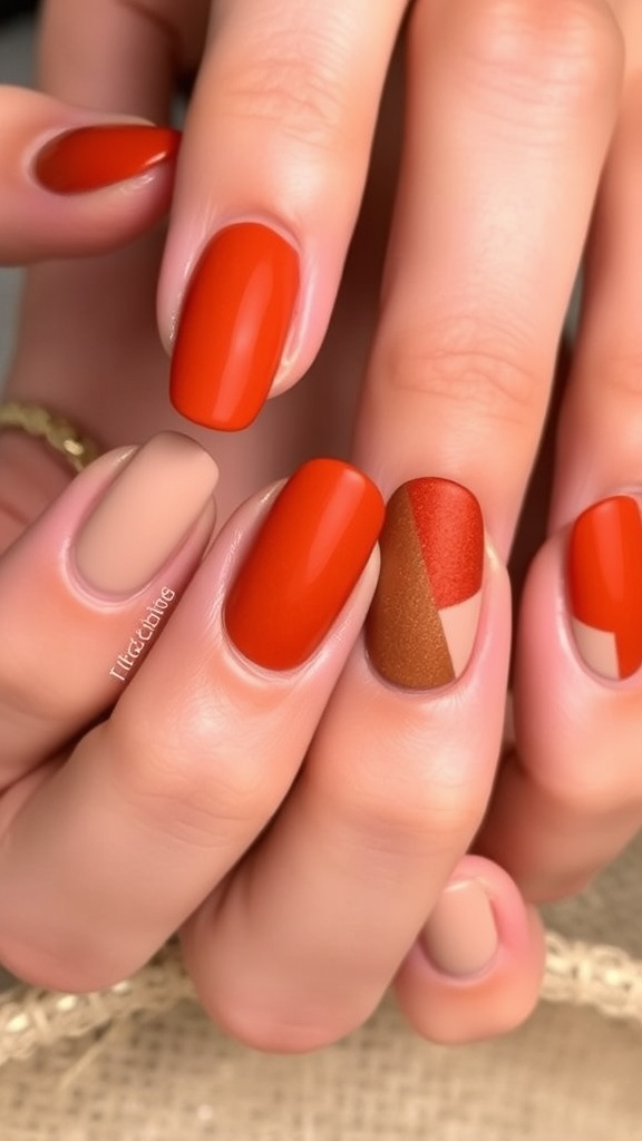 Nails featuring a burnt sienna and rust color block design