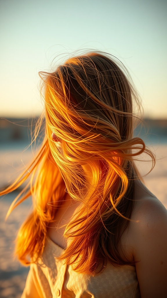 A woman with burnt sienna layered hair illuminated by sunlight, showcasing warm tones and movement.
