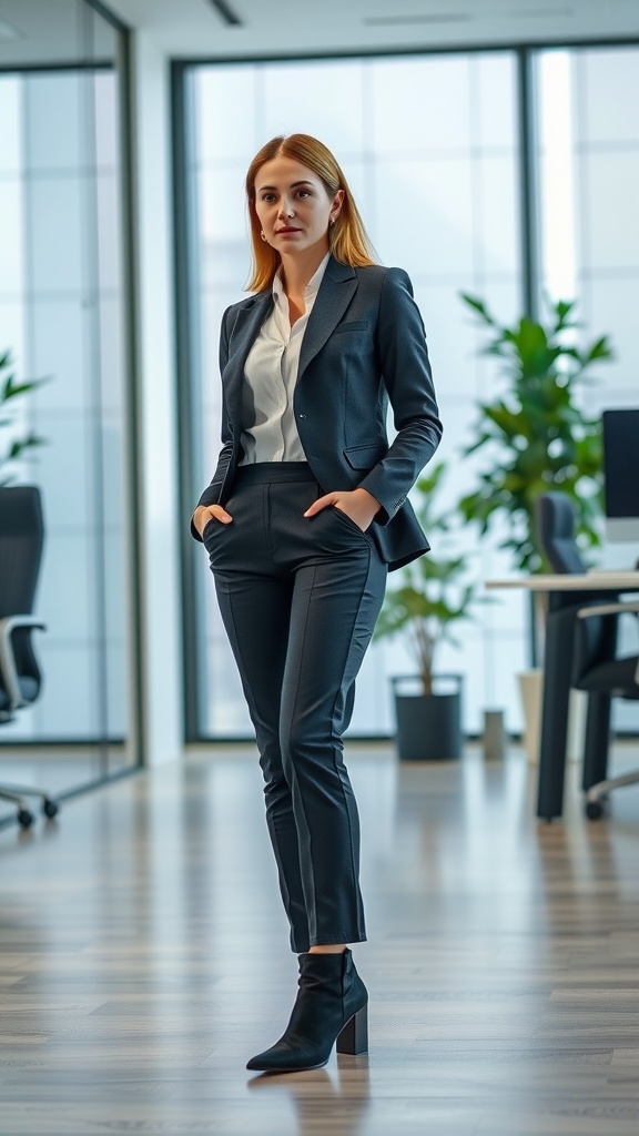 A woman in a tailored suit with ankle boots in a modern office setting.