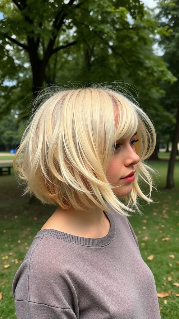 A woman with a buttercream blonde shag hairstyle, showcasing soft layers and a bright blonde color.