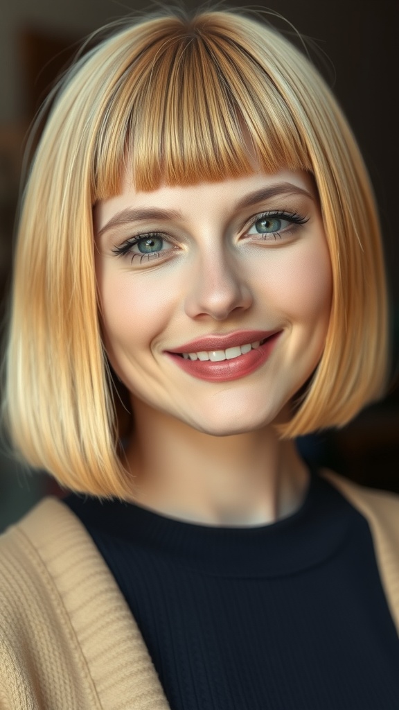 A woman with a butterscotch blonde bob hairstyle featuring blunt ends, smiling warmly.