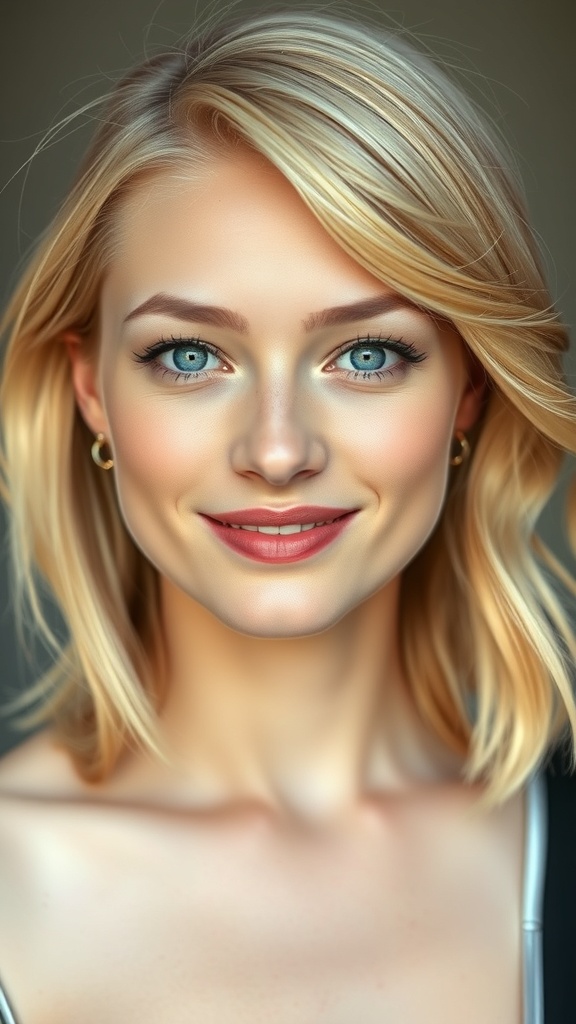 A woman with buttery blonde mid-length layers and striking blue eyes, smiling warmly.