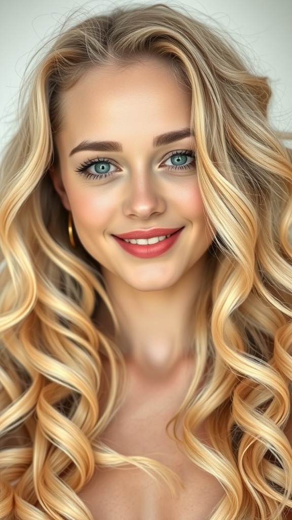 A woman with long, wavy, buttery blonde hair with caramel highlights, smiling at the camera.