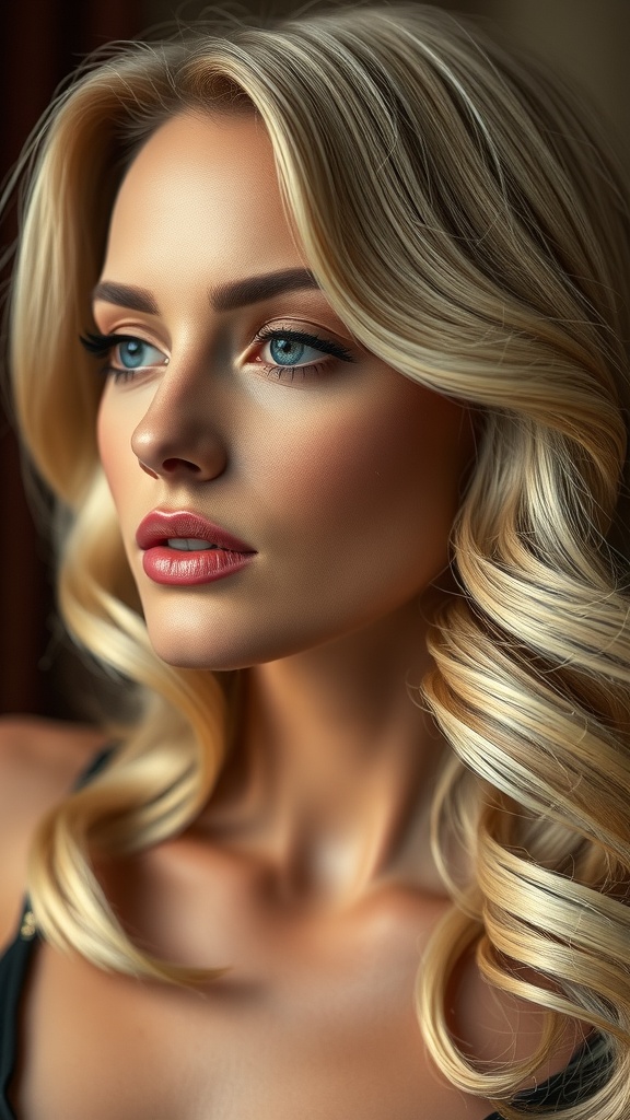 A close-up of a woman with buttery blonde hair styled in loose Hollywood waves.