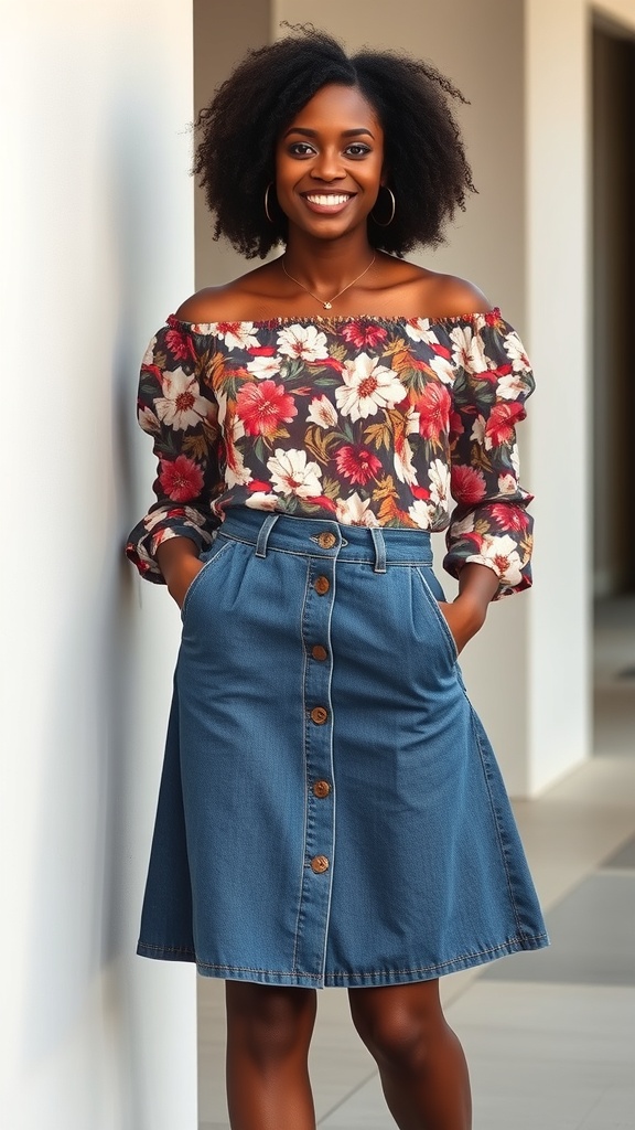 A smiling Black woman wearing a floral off-shoulder top and a button-front denim skirt, standing confidently.