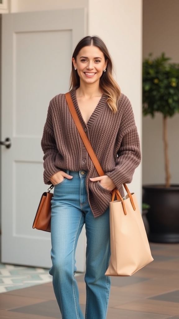 A woman wearing a brown button-up cardigan and relaxed denim, smiling while holding a beige bag.