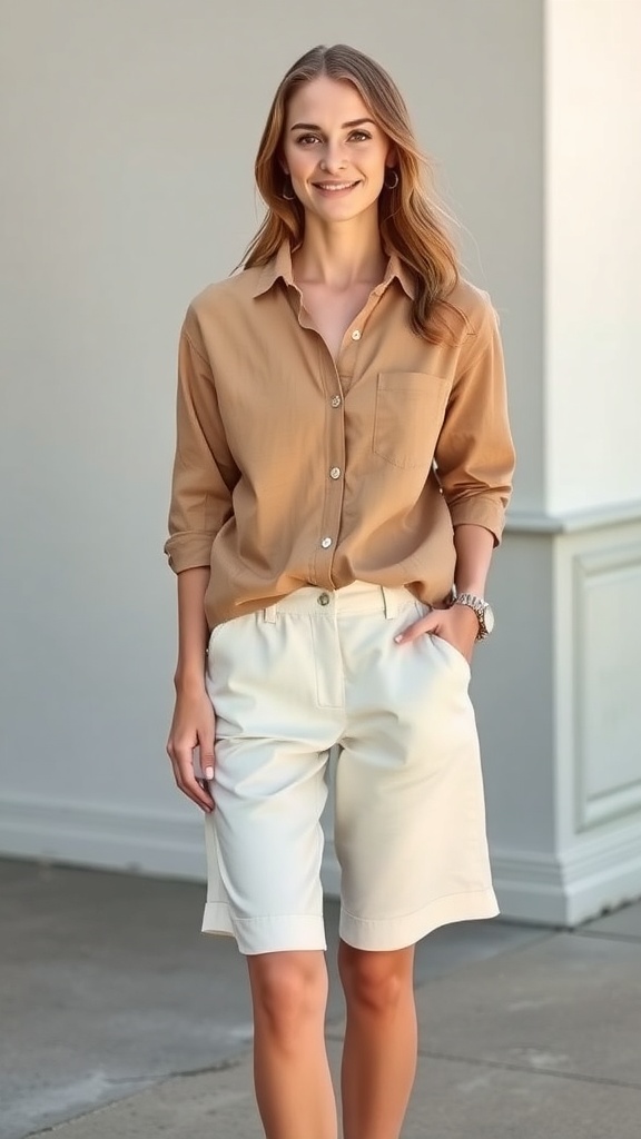 A woman wearing a brown button-up shirt and beige linen shorts, smiling outdoors.