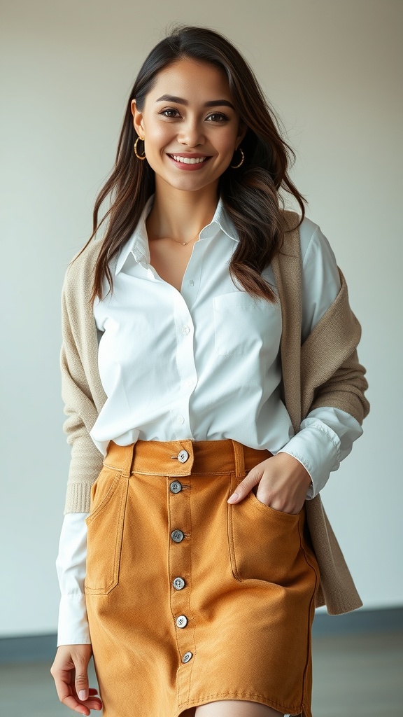 A woman smiling while wearing a button-up shirt and a mini skirt, showcasing a stylish early fall outfit.
