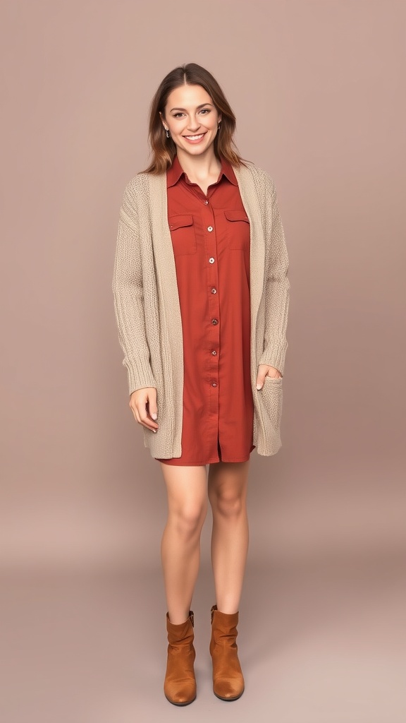 A woman wearing a rust-colored button-up shirt dress and a beige long cardigan, paired with brown ankle boots.