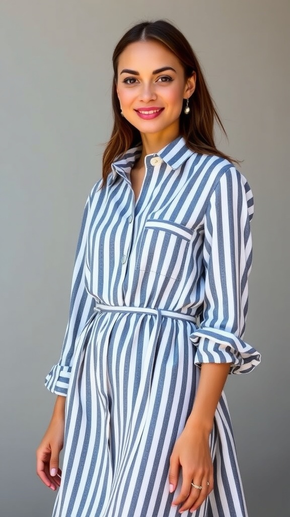 A woman wearing a button-up stripe long sleeve maxi shirt dress, smiling at the camera.