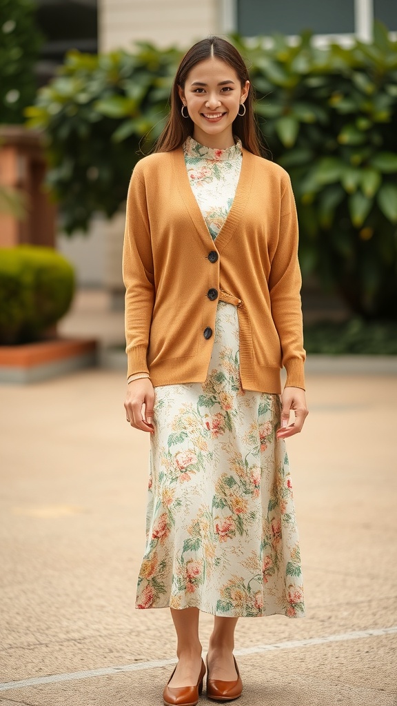 A woman wearing a buttoned cardigan over a printed midi dress, smiling outdoors.