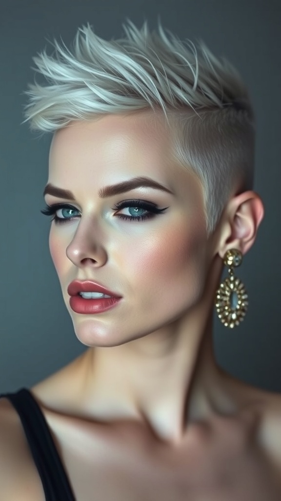A model with a buzzed haircut styled in icy blonde hair, showcasing bold and modern glam.