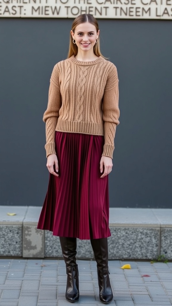 A woman wearing a cable-knit crop sweater and a pleated midi skirt, styled for a fall date night.