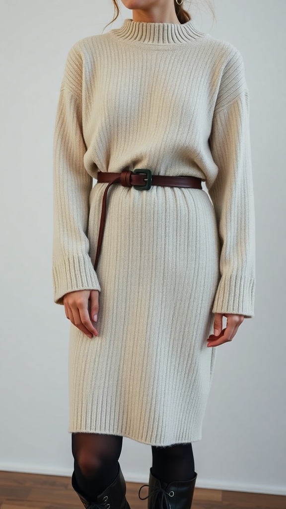 A woman wearing a cozy cable-knit sweater dress with a belt, showcasing a stylish fall outfit.
