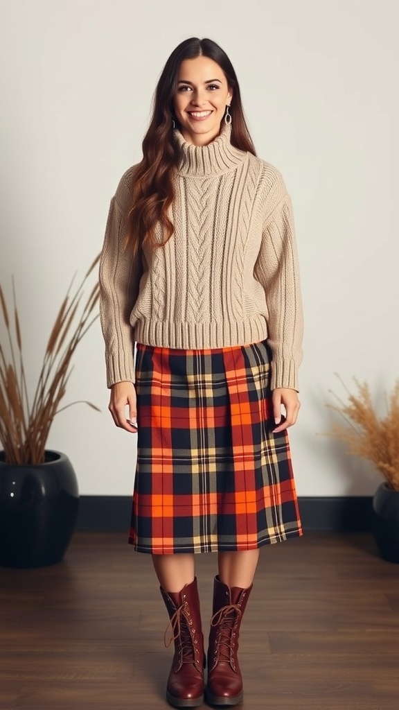 A woman wearing a beige cable-knit sweater and a midi plaid skirt with warm tones, paired with brown lace-up boots.