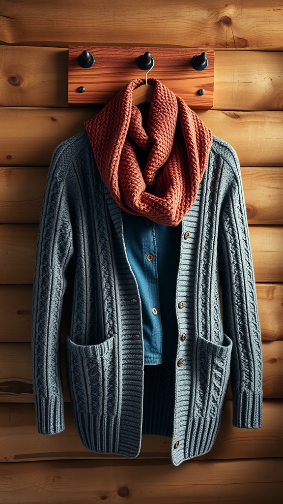 A gray cable knit cardigan with a red scarf hanging on a wooden wall.