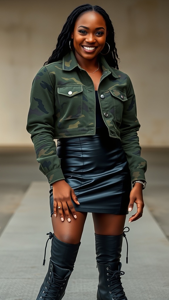 A woman wearing a camo jacket and leather skirt with black shark boots, smiling confidently.