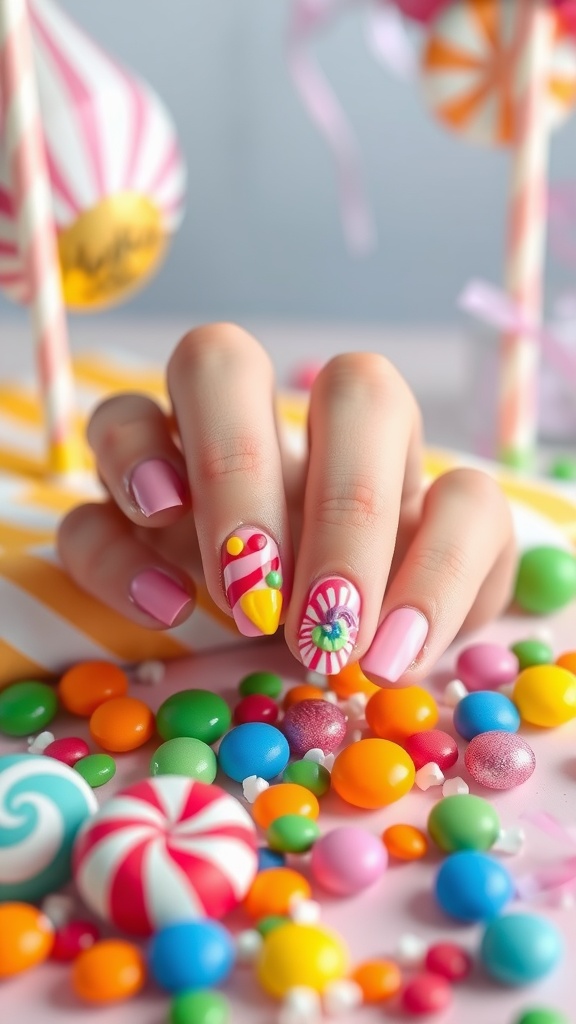 Colorful candy-inspired nail art with various designs on a hand surrounded by candy.