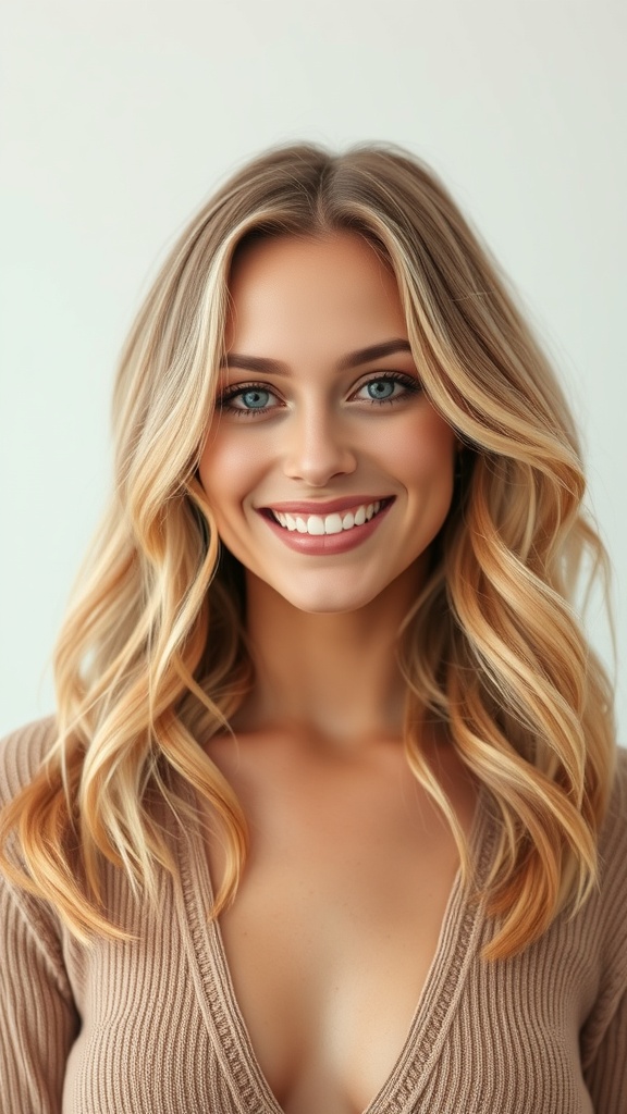 A woman with caramel-dipped blonde hair styled in soft mid-length waves, smiling at the camera.