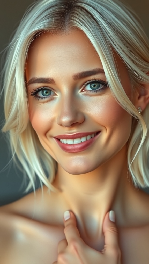A smiling woman with caramel-toned platinum hair, showcasing a blend of cool and warm tones.