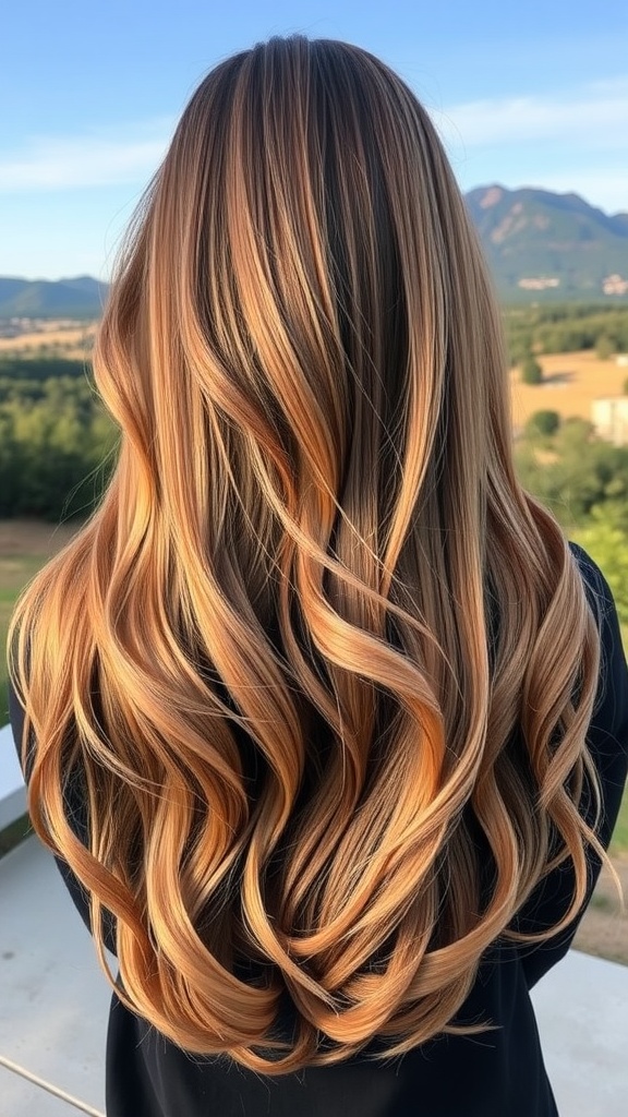 Long layered hair with caramel balayage in a scenic outdoor setting