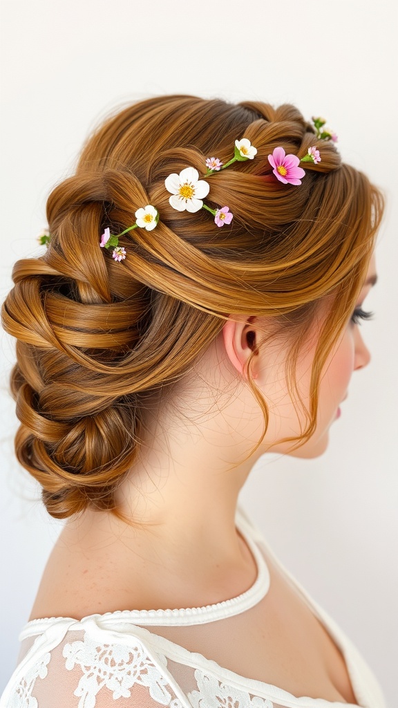 A woman with caramel blonde hair styled in a braided crown adorned with flowers.