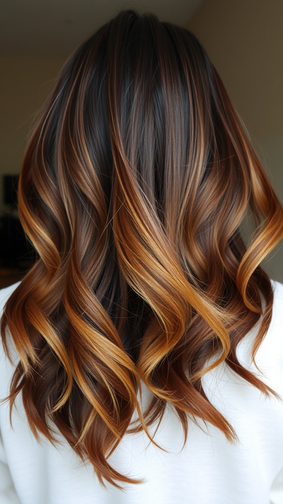Back view of wavy hair with caramel highlights on dark brown hair