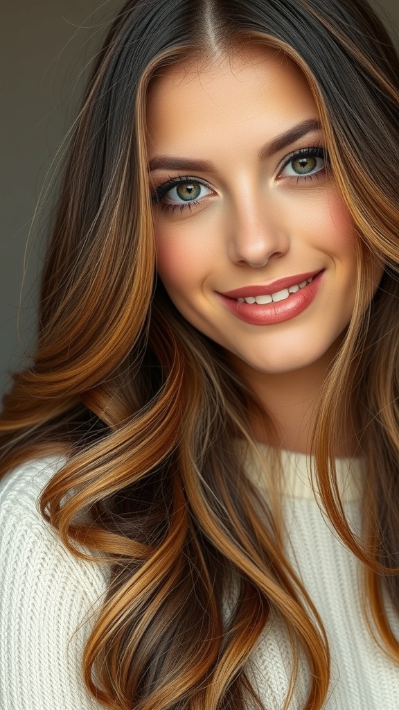A woman with caramel ribbon highlights in her hair, smiling warmly.