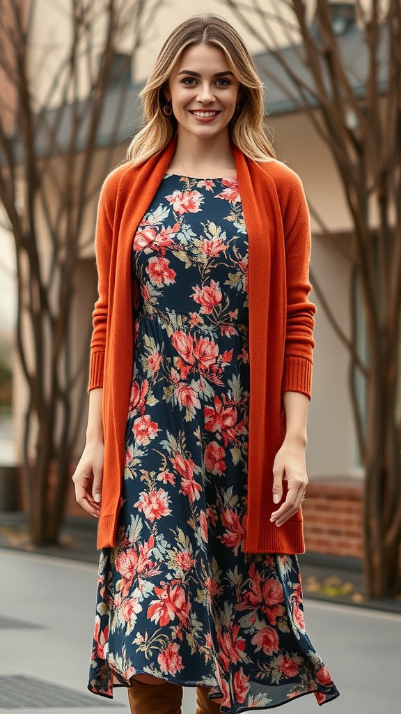 A woman wearing a floral midi dress with an orange cardigan, smiling outdoors.