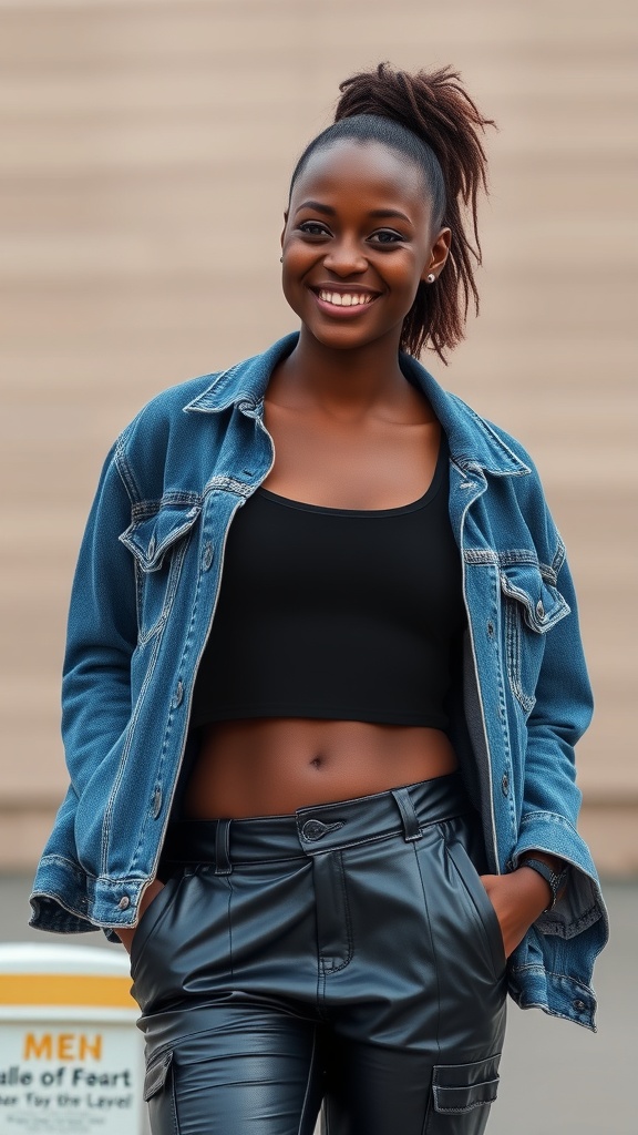 A smiling woman wearing cargo leather pants, a black crop tank, and a denim jacket.