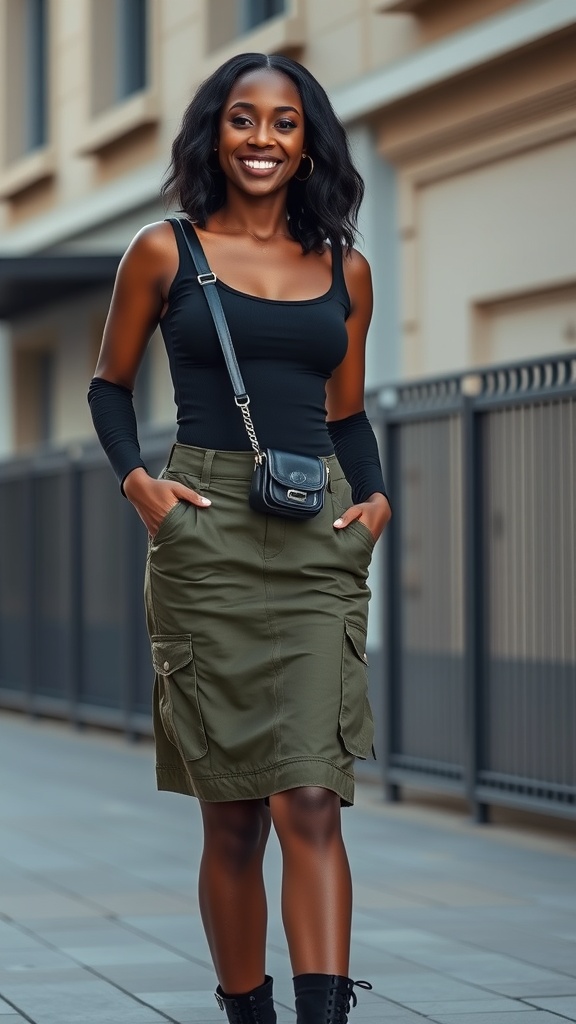 A woman wearing a black bodysuit and a green cargo mini skirt with black shark boots, smiling in an urban setting.