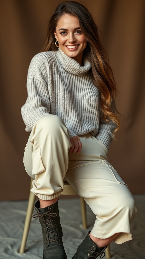A woman wearing a cozy oversized turtleneck sweater, olive green cargo pants, and brown utility boots, smiling confidently.