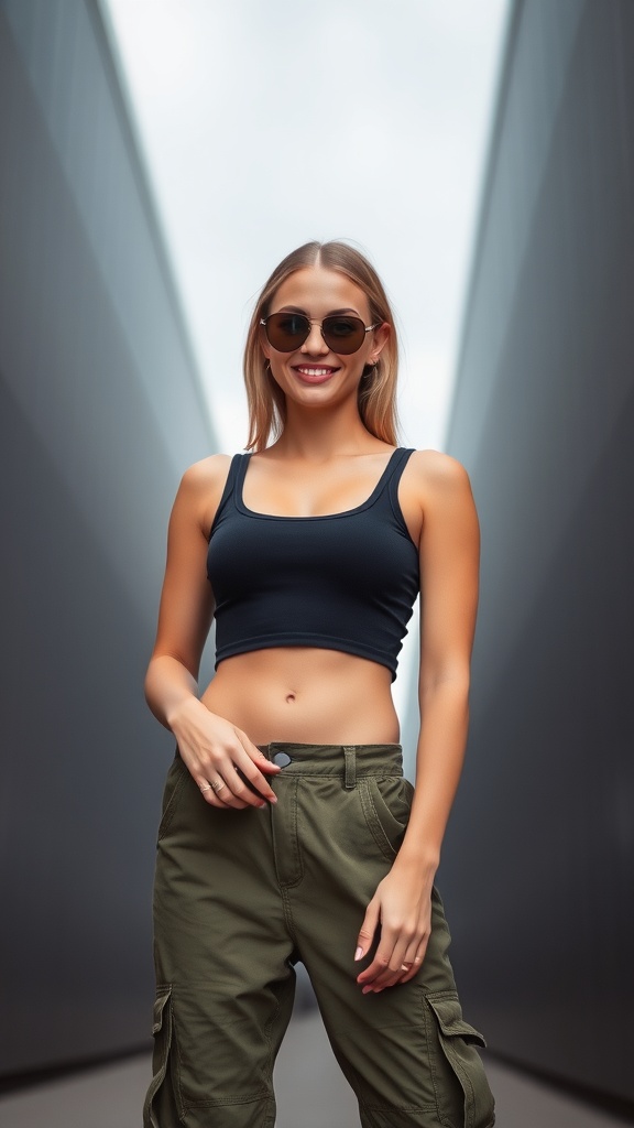 A woman wearing cargo pants and a cropped tank top, smiling confidently in a modern urban setting.