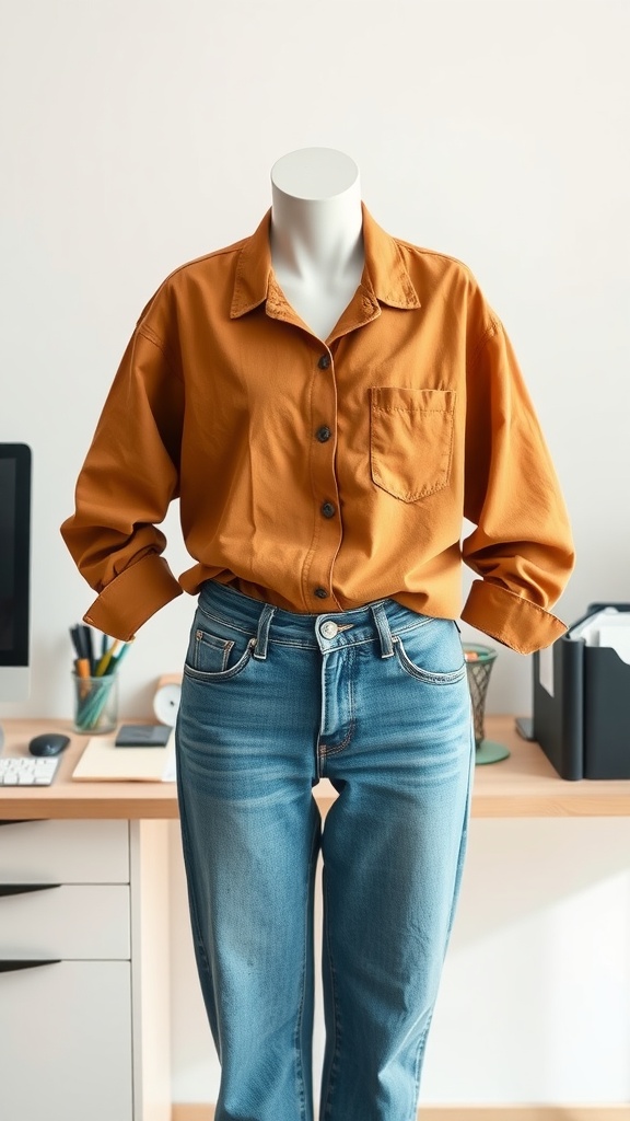 A casual button-up shirt in orange paired with high-waisted jeans, displayed on a mannequin in an office setting.
