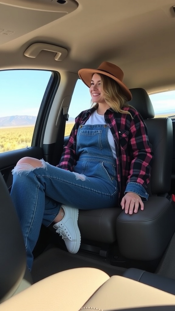 A woman in denim overalls and a plaid shirt sitting in a car, smiling, with a scenic view outside.