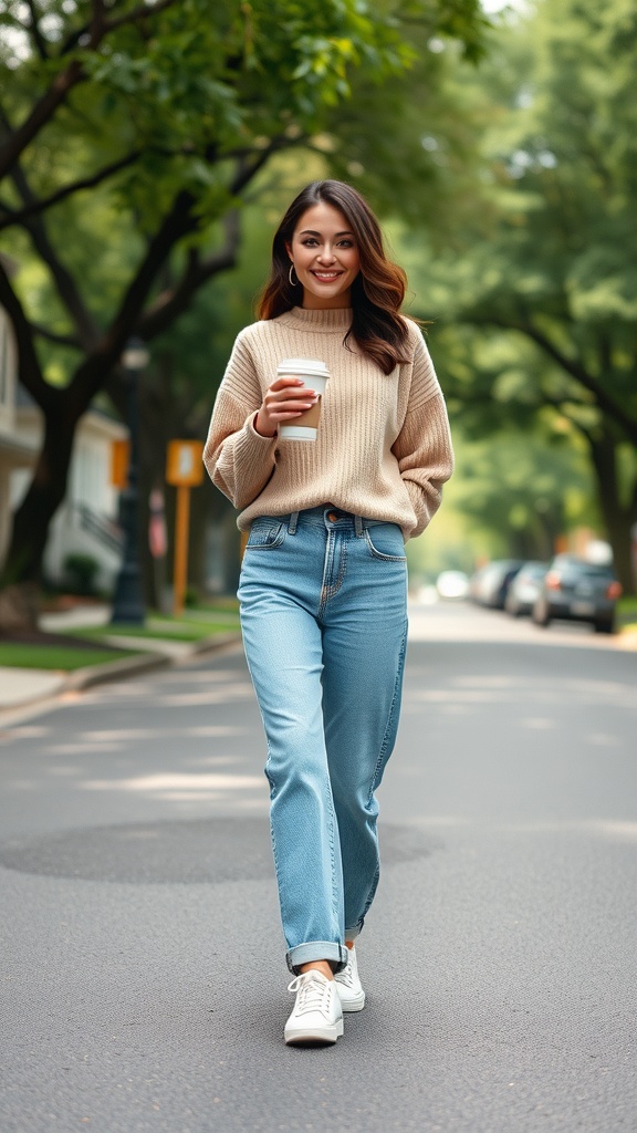 A person wearing baggy jeans and white sneakers, standing on a city street.
