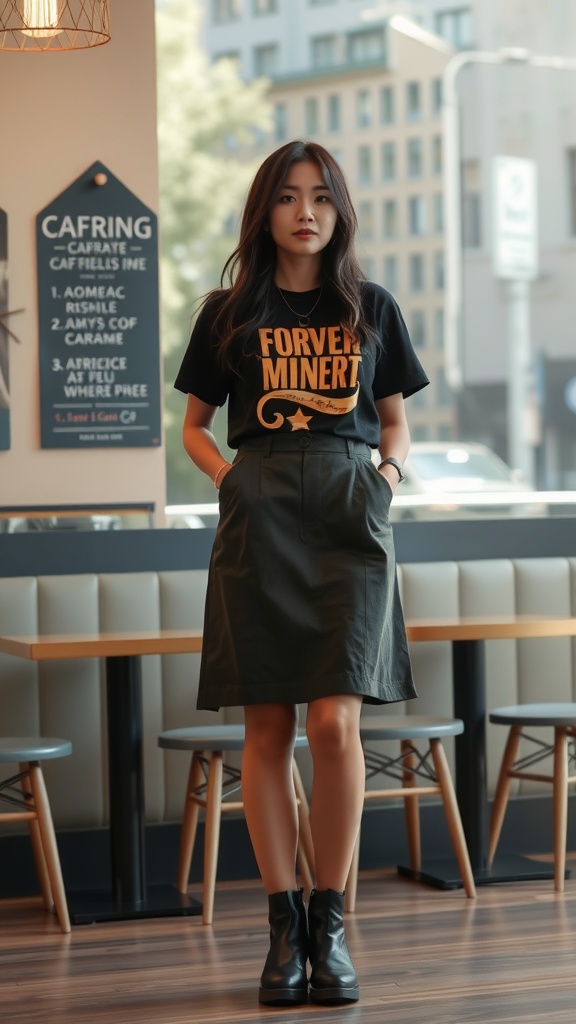 A woman wearing a graphic tee and a knee length skirt, standing in a cafe.