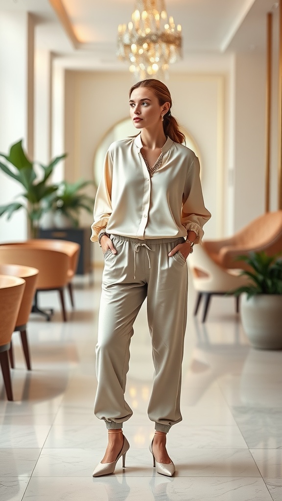A woman in a silk blouse and jogger pants, standing in a stylish interior.