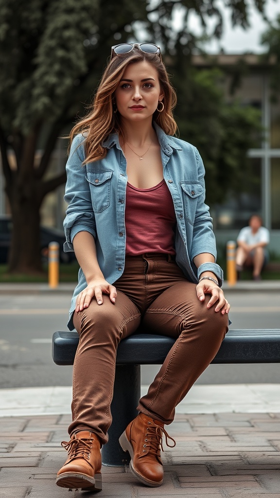 A woman sitting on a bench wearing brown jeans, a light blue button-up shirt, and brown boots, showcasing a casual layered outfit.