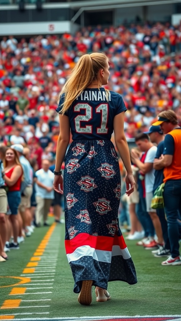 A woman wearing a casual maxi dress with a sporty vibe at a football game, surrounded by a crowd.