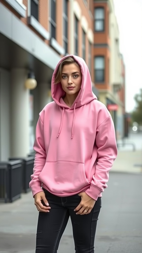 A woman wearing a pink hoodie and black skinny jeans, standing in a casual urban setting.