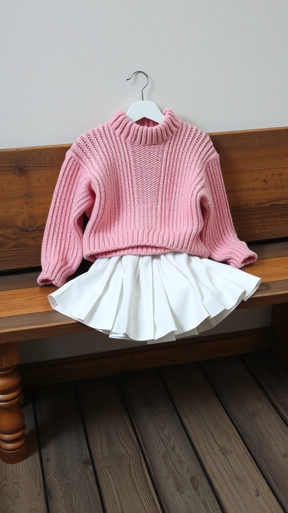 A cozy pink sweater paired with a white pleated skirt, displayed on a wooden bench.