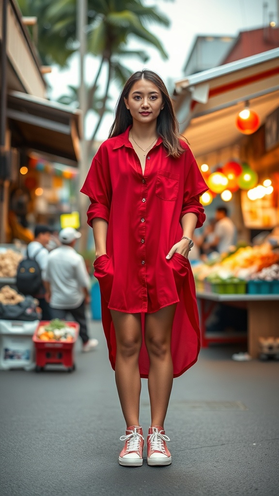 A woman wearing a casual red shirt dress with sneakers, standing in a vibrant market setting.