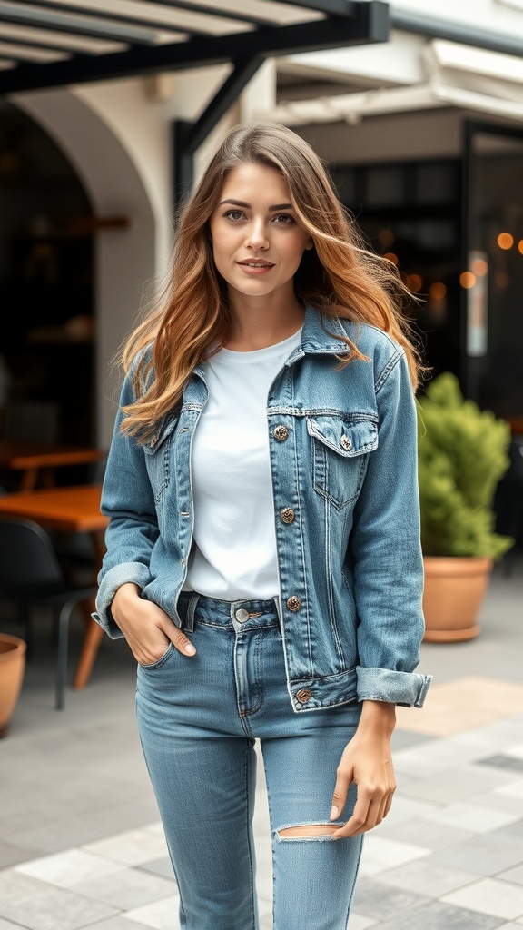 A person wearing a light denim jacket and white t-shirt, standing in a casual outdoor setting.