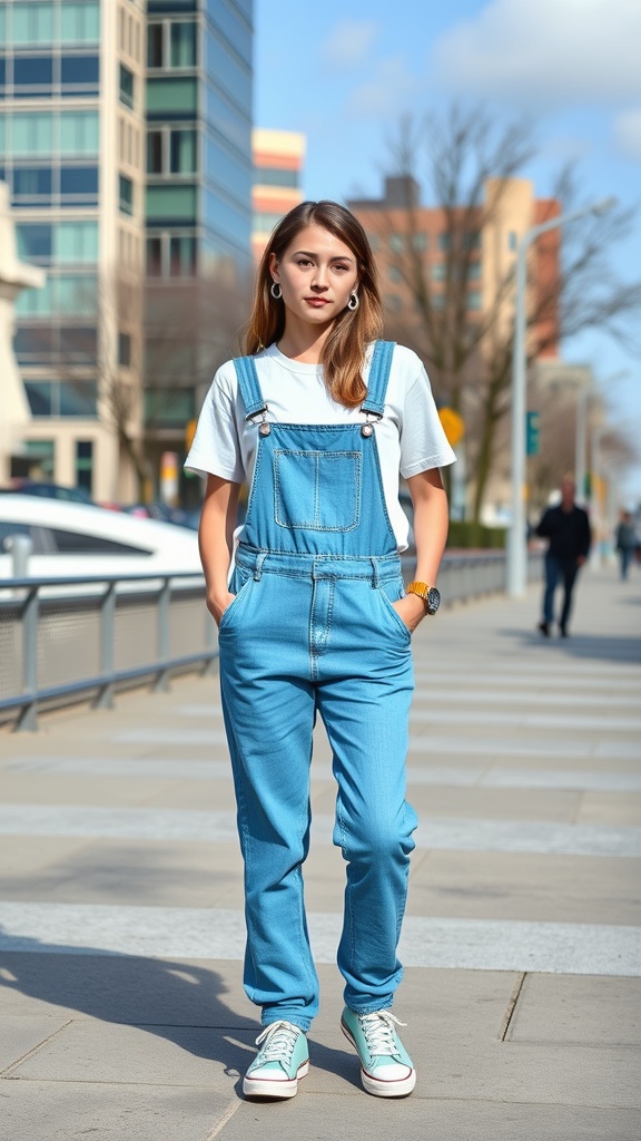 A person wearing cerulean overalls and a basic white tee, standing on a city sidewalk with modern buildings in the background.