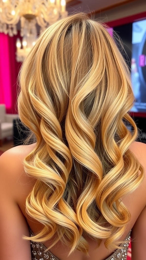 A woman with champagne blonde highlights styled in cascading curls, showcasing a beautiful hair color.