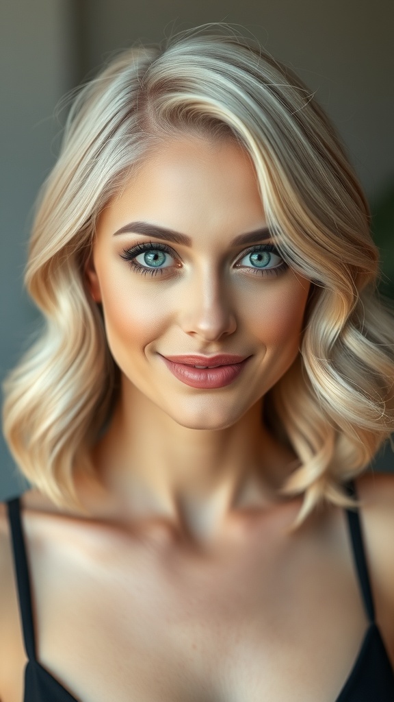 A woman with champagne blonde retro waves and striking blue eyes.