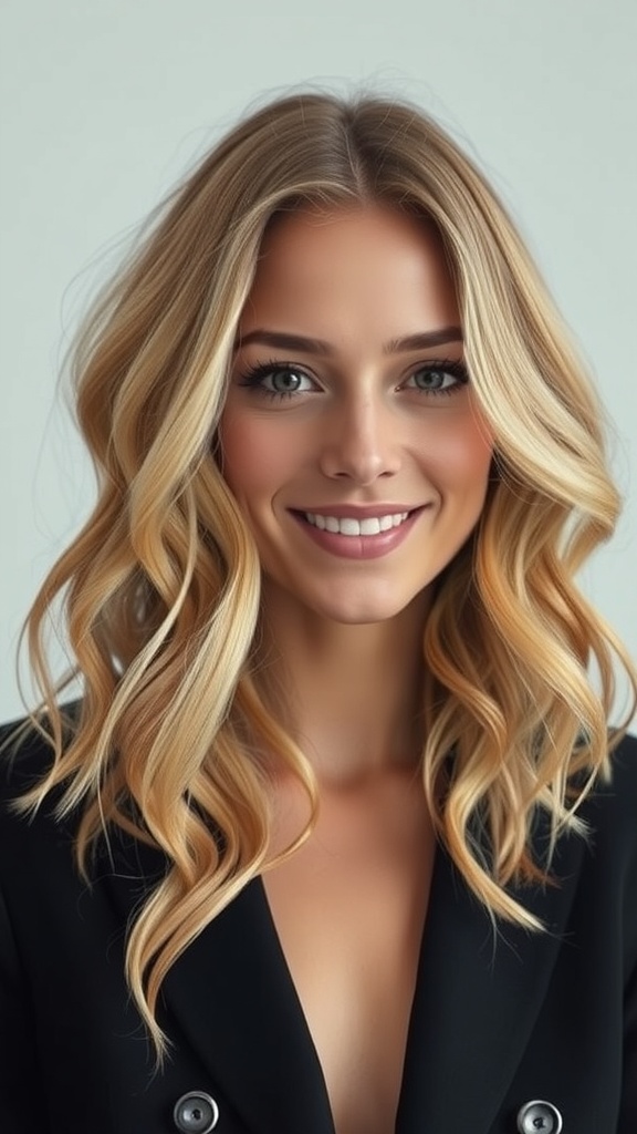 A woman with champagne blonde waves and caramel ribbons smiling at the camera.